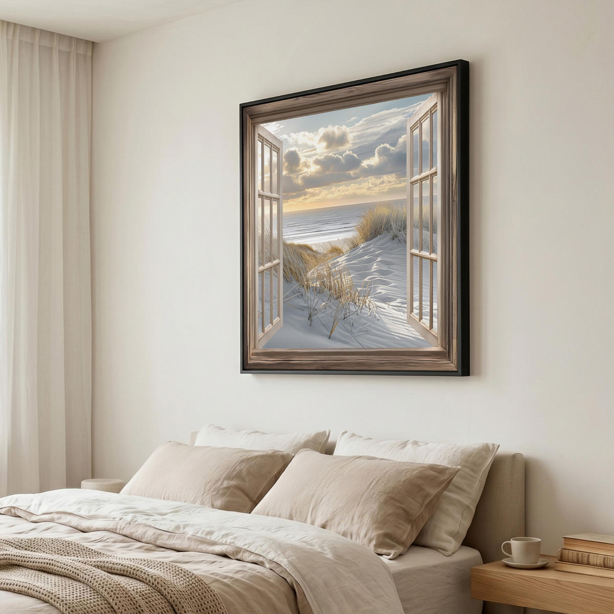 LEINWAND Bilder mit Rahmen - Ausblick - Strand - Dünen - Meer - Natur - 90x90 - Sandfarben, Textil (90/90cm) - MuchoWow