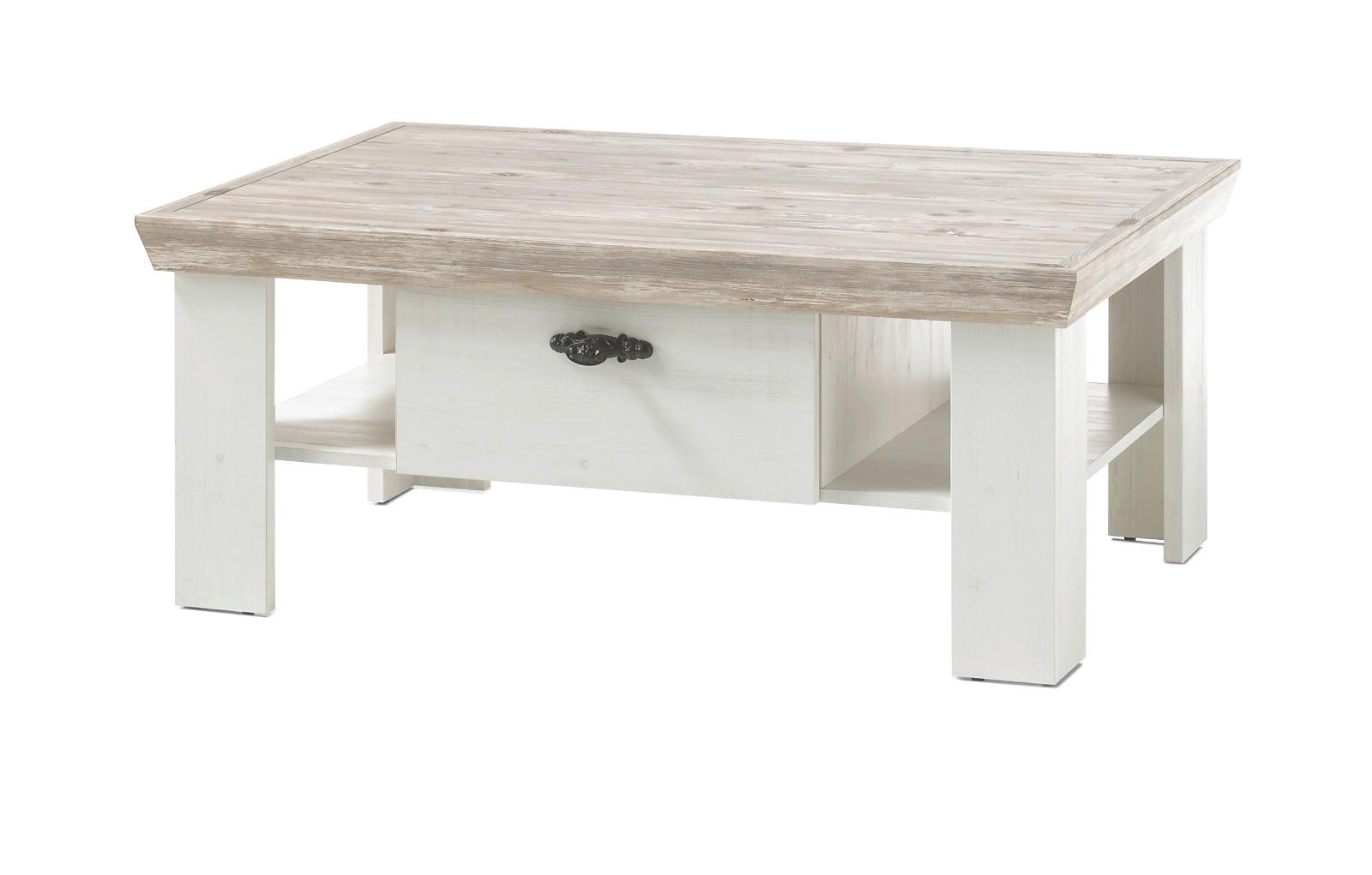 COUCHTISCH Pinie weiß, Oslo Pinie Landhaus, Beistelltisch mit Ablage 2 x Schubkasten, 109 x 69 cm - Weiß/Pinienfarben, Holzwerkstoff/Metall (109/69/45cm) - Furn.Design