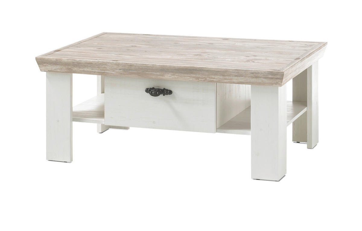 COUCHTISCH Pinie weiß, Oslo Pinie Landhaus, Beistelltisch mit Ablage 2 x Schubkasten, 109 x 69 cm - Weiß/Pinienfarben, Holzwerkstoff/Metall (109/69/45cm) - Furn.Design