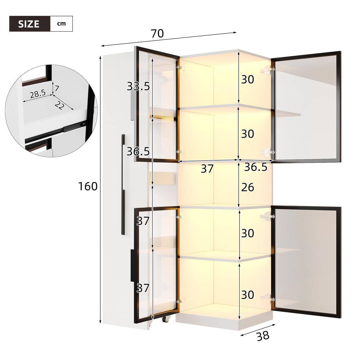 VITRINE LED Glasvitrine Ausziehregal Doppelglas 160cm - Weiß, Glas (70/160/38cm) - FLIEKS