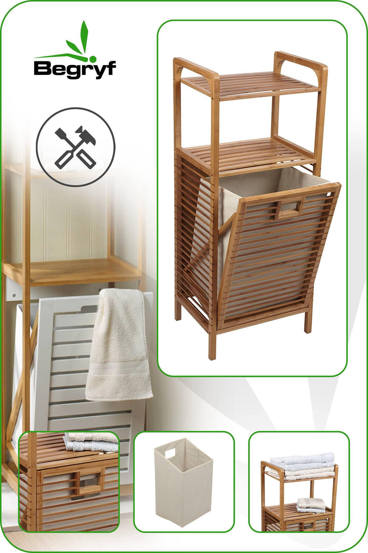 WÄSCHEKORB Bambus Stoff Natur Schrank 95,5x40x30 cm - Naturfarben, Holz (40/95.5/30cm) - Begryf