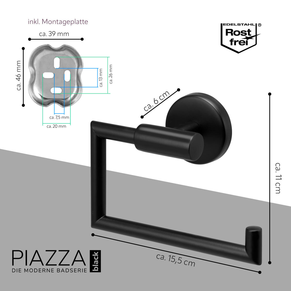 TOILETTENPAPIERHALTER PIAZZA BLACK, Glas schwarz, Edelstahl, inkl. Klebeset - Schwarz, Metall (15.5/11/6cm) - bremermann