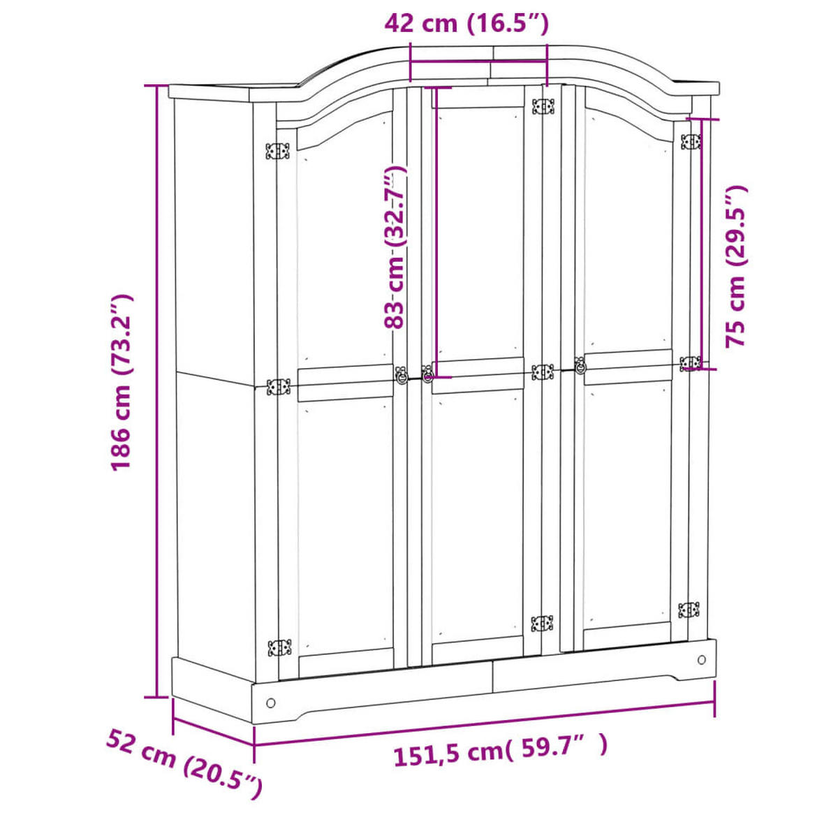 KLEIDERSCHRANK Corona 151,5/52/186 Cm Massivholz Kiefer - Braun, Holz (52/186/151.5cm) - vidaXL