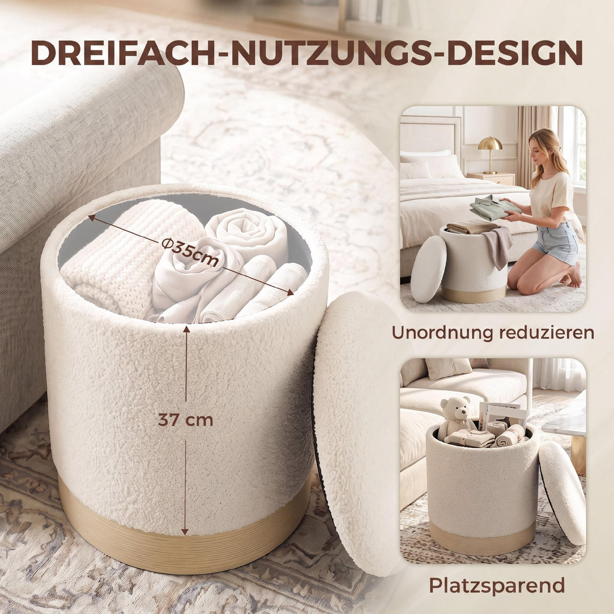 FÖRVARINGSPALL i sherpa-fleece, krämvit - Cremefärgad, Textil/Metall (38/45/38cm) - HOMCOM