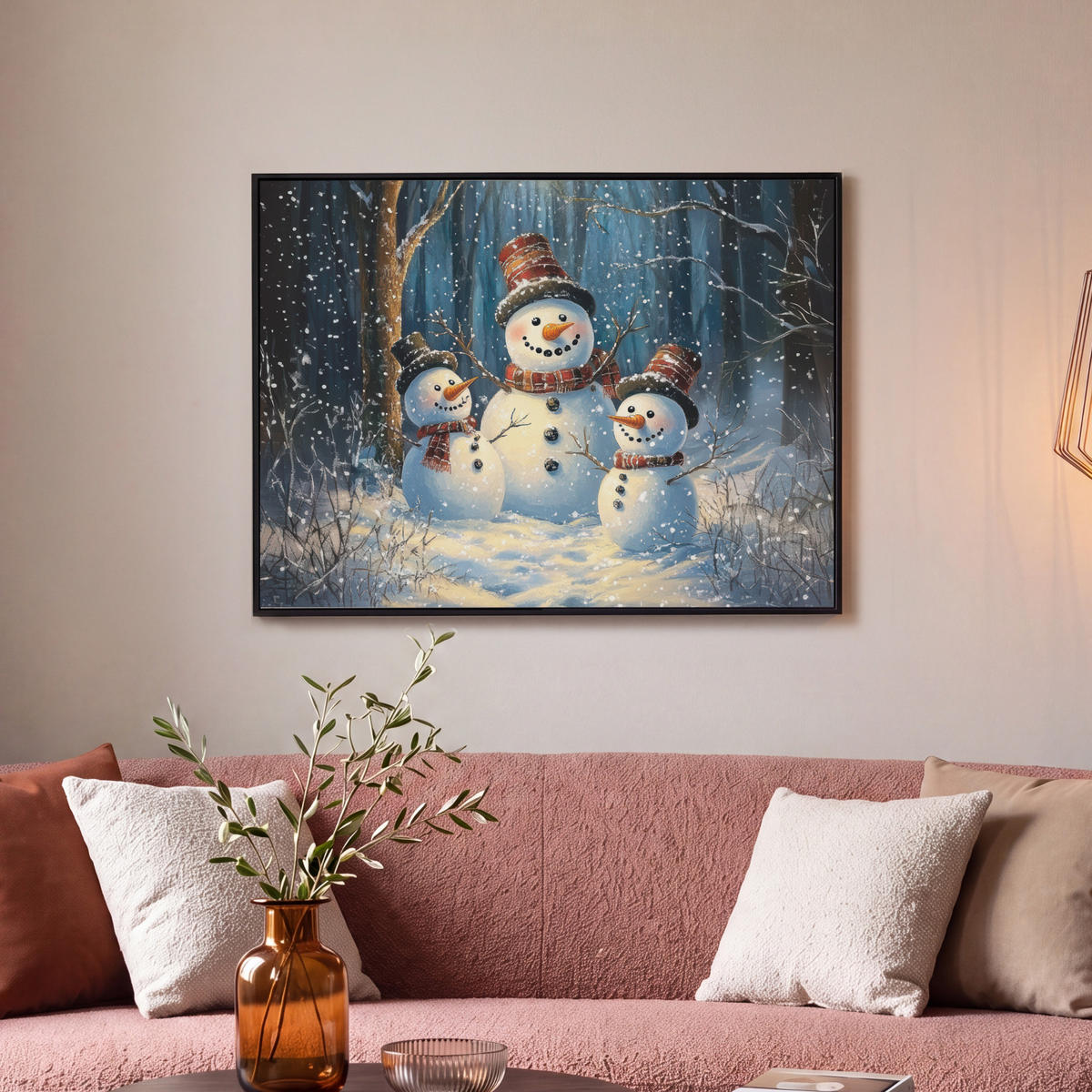 LEINWAND Bilder mit Rahmen - Schneemann - Schnee - Winter - Wald - 70x50 - Hellblau, Textil (70/50cm) - MuchoWow