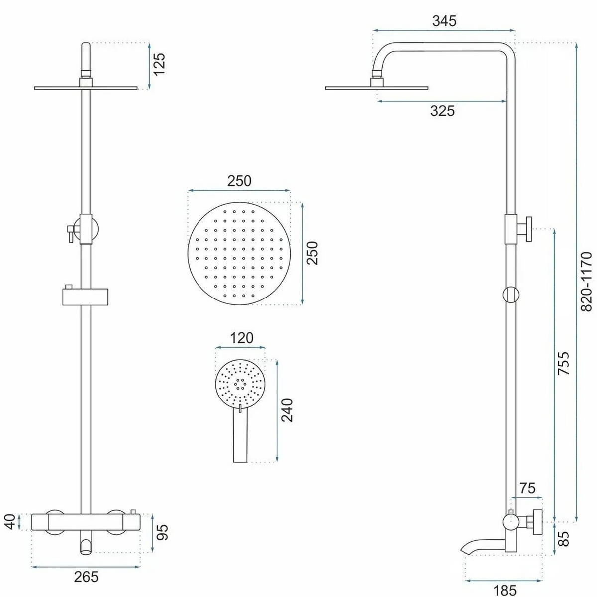THERMOSTAT Duschset Rea Lungo Titan - Titanfarben, Metall (26.5/117/34.5cm) - REA