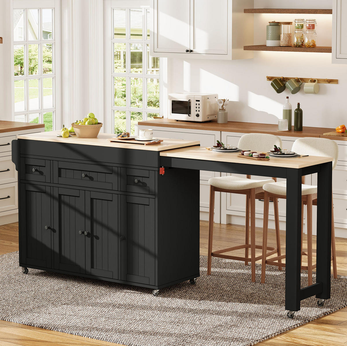 KÜCHENINSEL mit ausziehbarer Arbeitsplatte 137-190,6 x 45,2 x 92 cm Schwarz/Natur - Schwarz, Holz (45.2/92/137cm) - Beauniv