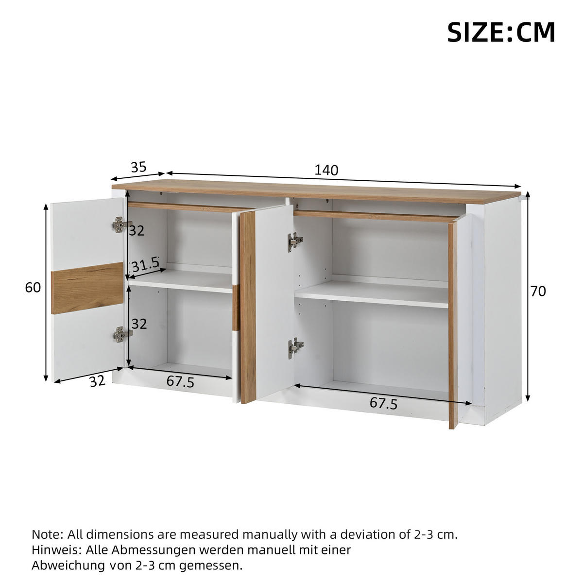SIDEBOARD 140x35x70cm Weiß Eiche mit RGB LED und 4 Türen - Weiß/Naturfarben, Holzwerkstoff (140/70/35cm) - FLIEKS