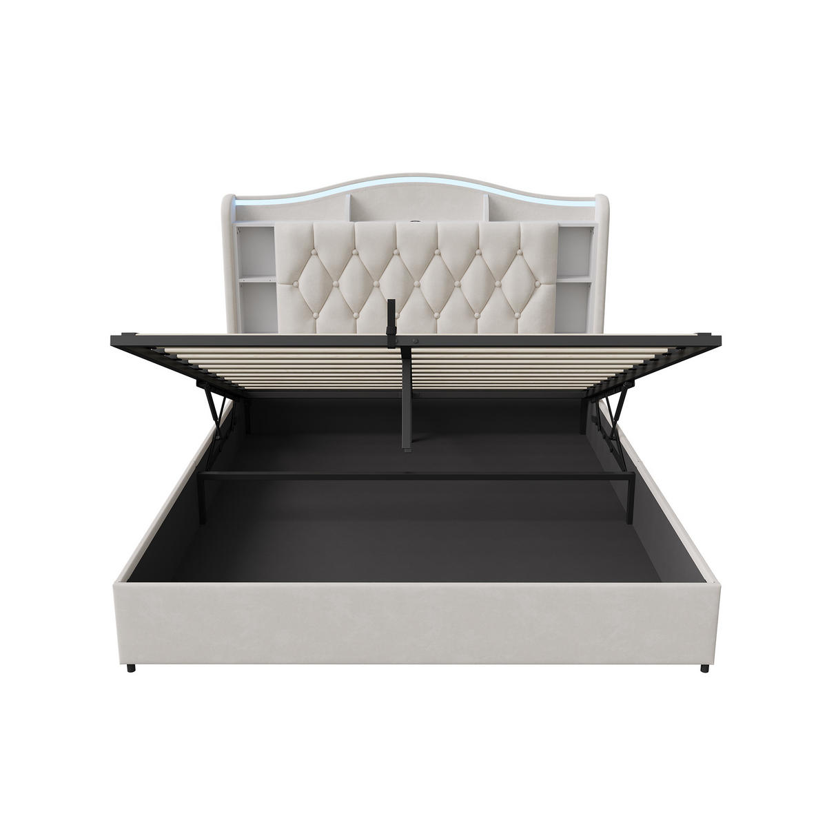 POLSTERBETT 140x200 cm mit Bettkasten, LED & USB, Doppelbett mit Kopfteil Stauraum und kabellosem Laden, Beige - Beige, Metall (140/200cm) - EuroLiving