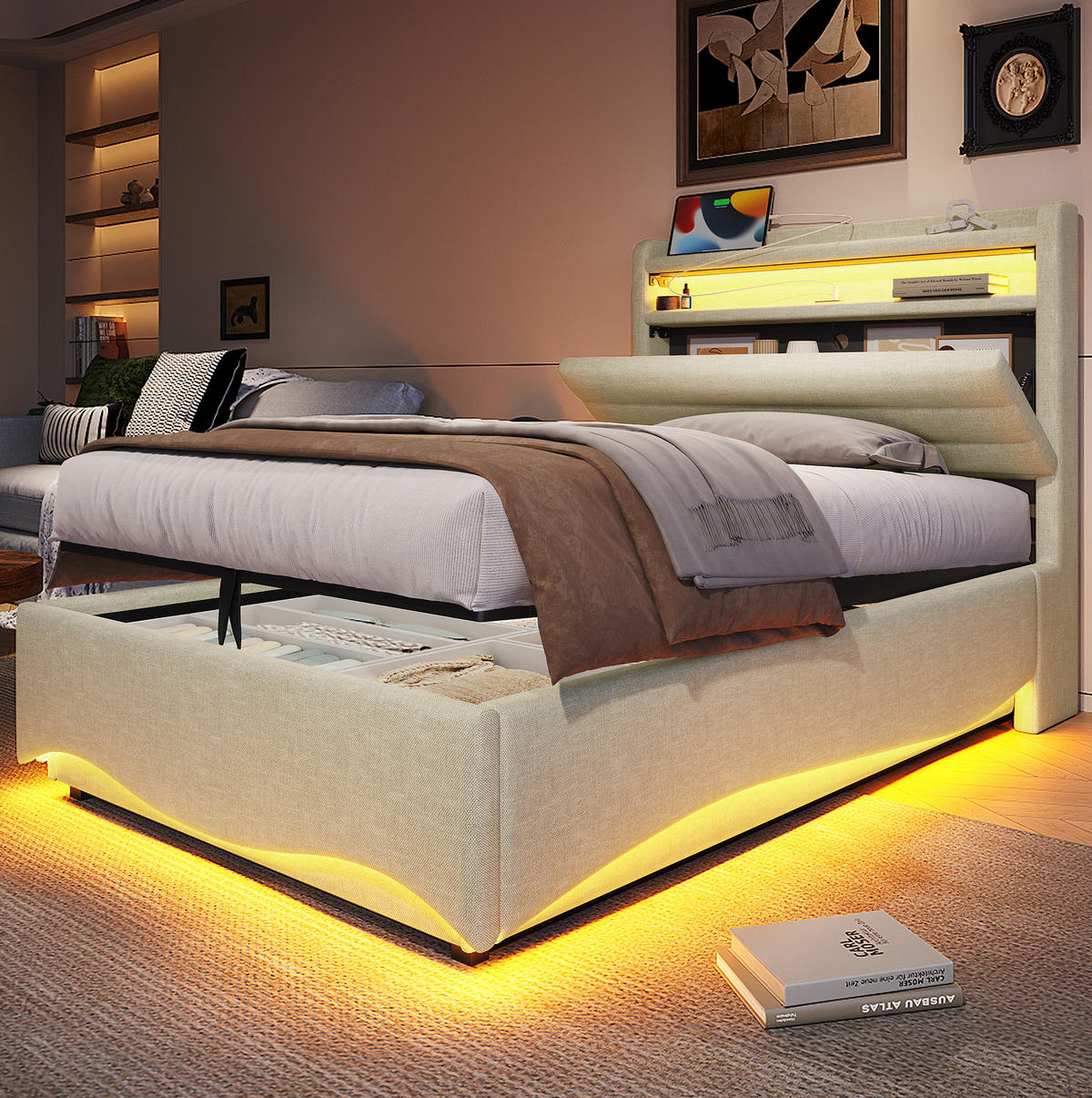 POLSTERBETT 90/200 cm Beige aus Leinen mit Stauraum, LED und USB- und Type-C-Anschlüssen - Beige, Textil (90/200cm) - Flora Grace