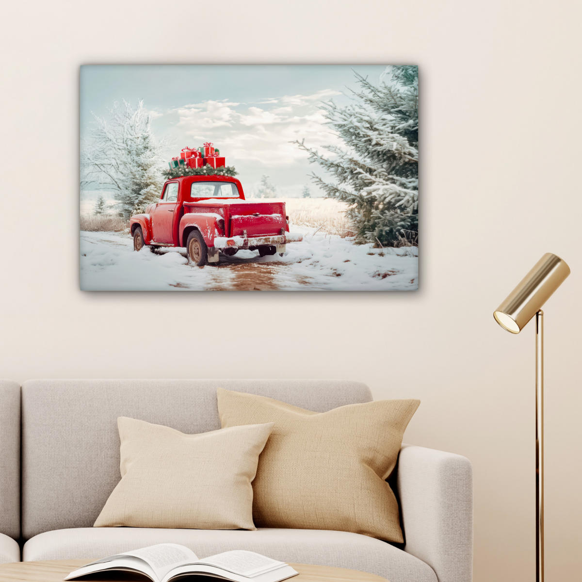 LEINWANDBILD Auto - Rot - Geschenke - Winter - Schnee - Weihnachten Wanddeko 90x60 cm - Rot, Textil (90/60cm) - MuchoWow