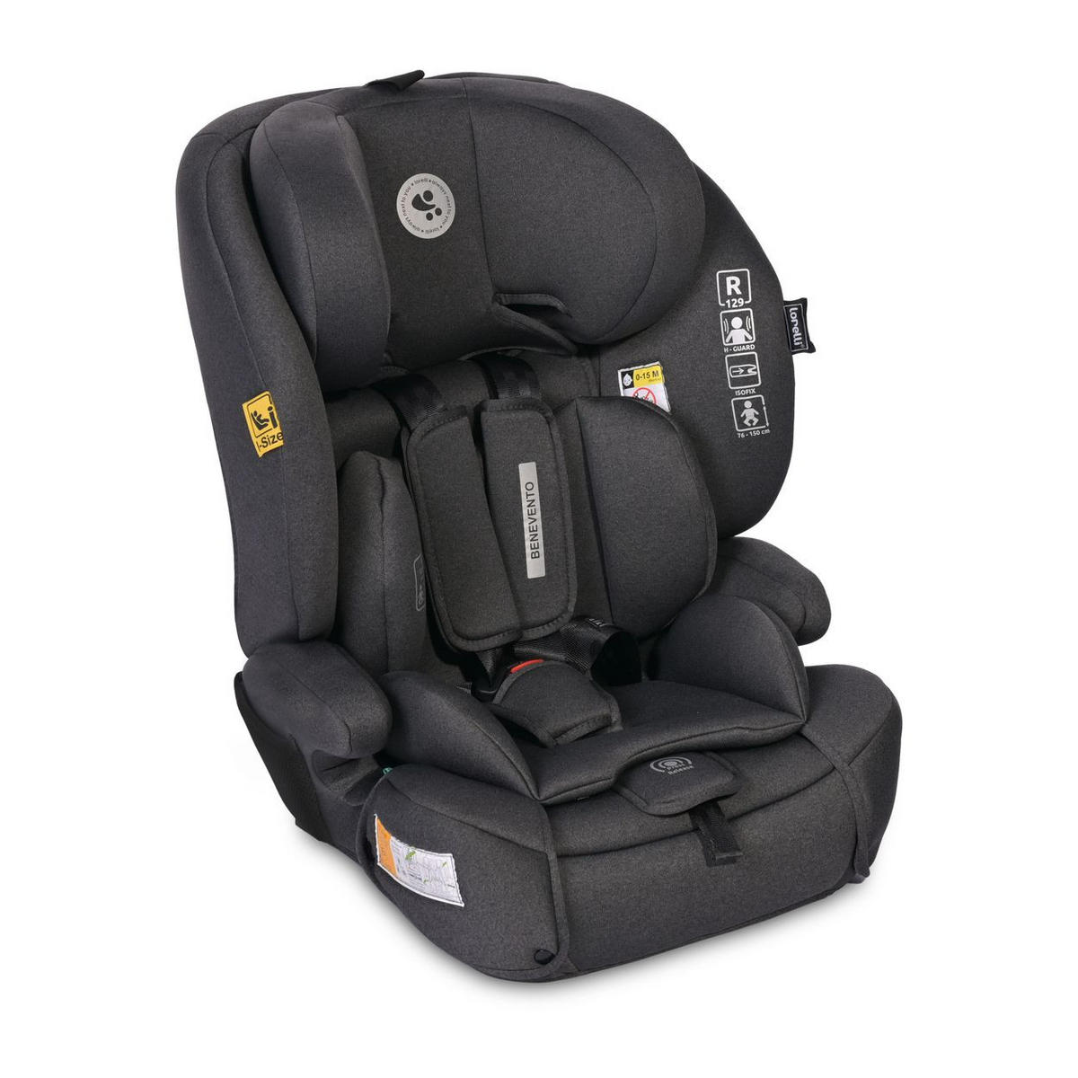 KINDERSITZ i-Size Benevento schwarz (76-150 cm) Isofix, Kopfstütze verstellbar - Schwarz, Kunststoff (46/57/58cm) - Lorelli