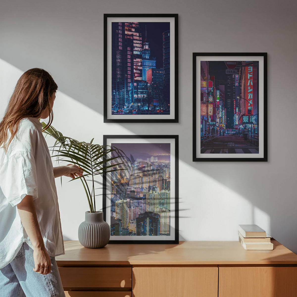 WANDBILDER 3er-Set - 40x60 cm Schwarzer Rahmen - Neonlichter der nächtlichen Stadt - Schwarz, Kunststoff (40/60cm) - ArtPrintCave