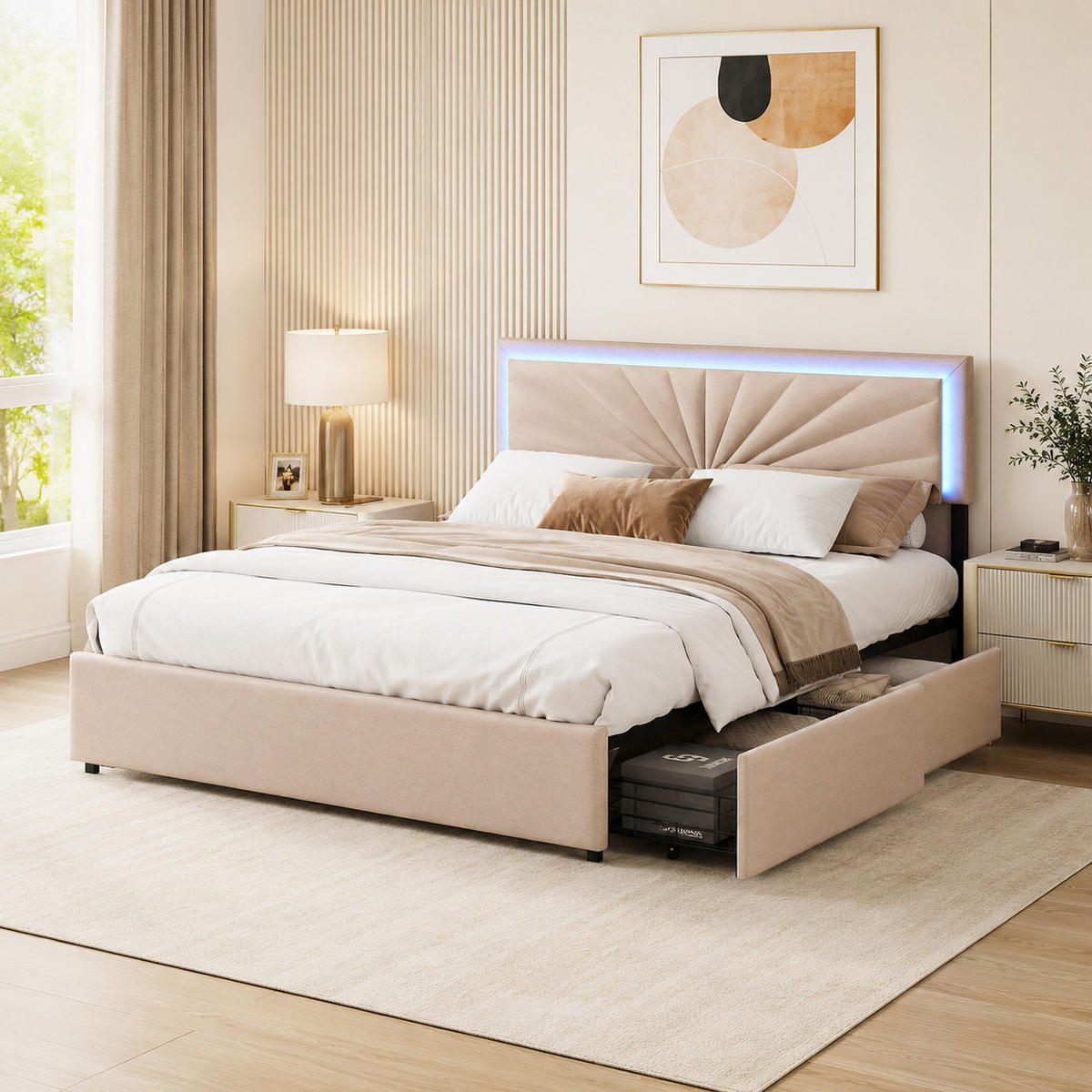 POLSTERBETT 160x200 cm Beige mit LED und Schubladen - Beige, Holz/Metall (160/200cm) - Joyfair