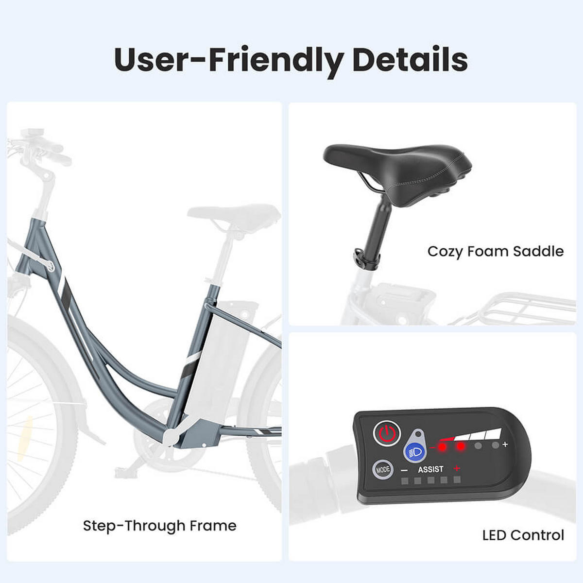 E-BIKE Touroll B1 – 90km Reichweite, 250W Motor, Shimano 7-Gang, Step-Thru Rahmen - Grau, Metall (117cm)