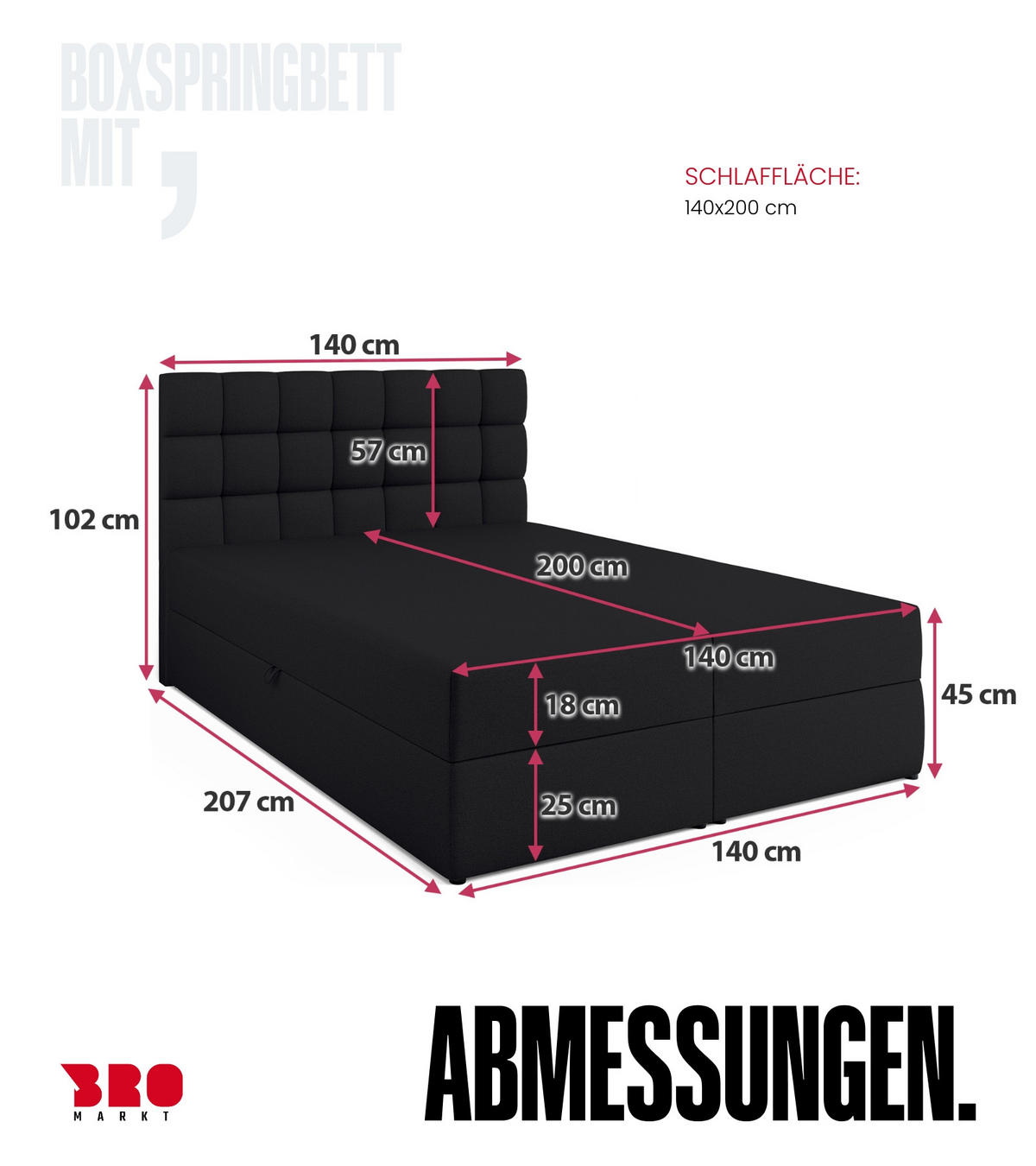 BOXBETT Dakota mit Topper 140/200 Schwarz - Schwarz, Textil (140/200cm) - Bromarkt
