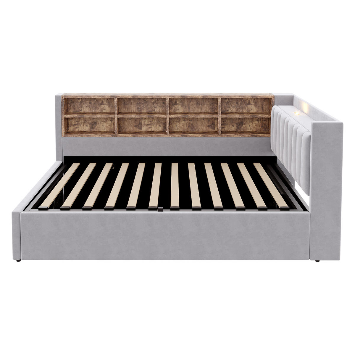 SCHLAFSOFA 140/200 cm in Hellgrau Samt mit Stauraum, LED und USB - Hellgrau, Holzwerkstoff/Textil (140/200cm) - WISHDOR