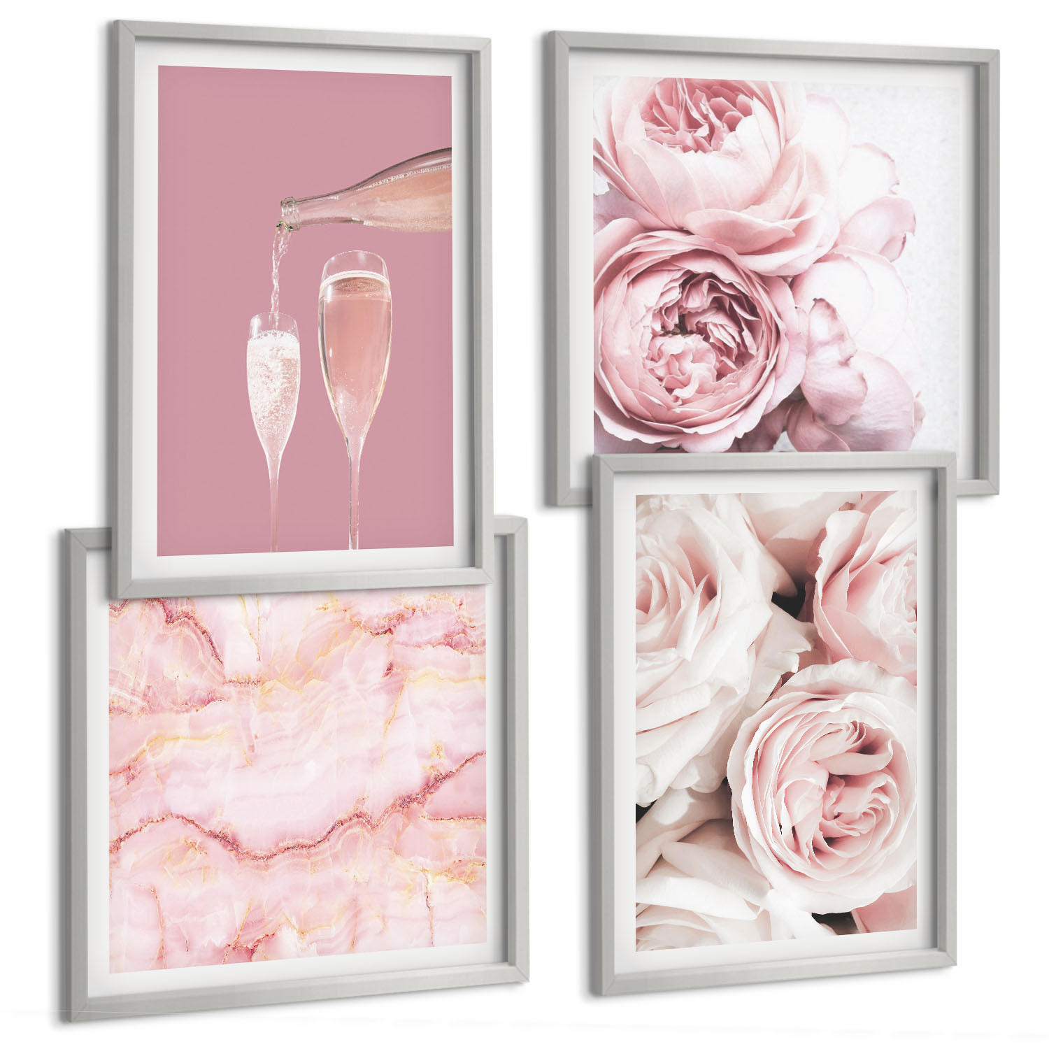 BILDER SET 4er Set - 50x50 cm & 40x60 cm Silberner Rahmen - Rosen, Champagner, Marmor, Pastell - Silberfarben, Kunststoff (50/50cm) - TULUP