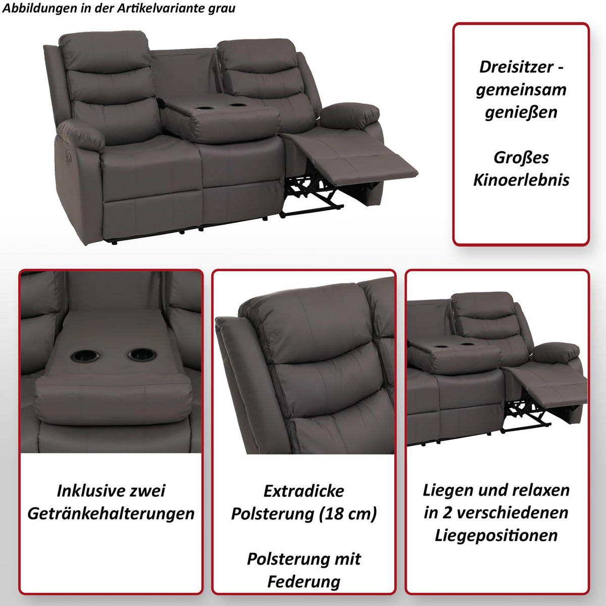 3ER KINOSESSEL Grau - Grau, Textil (181/107/164cm) - MCW