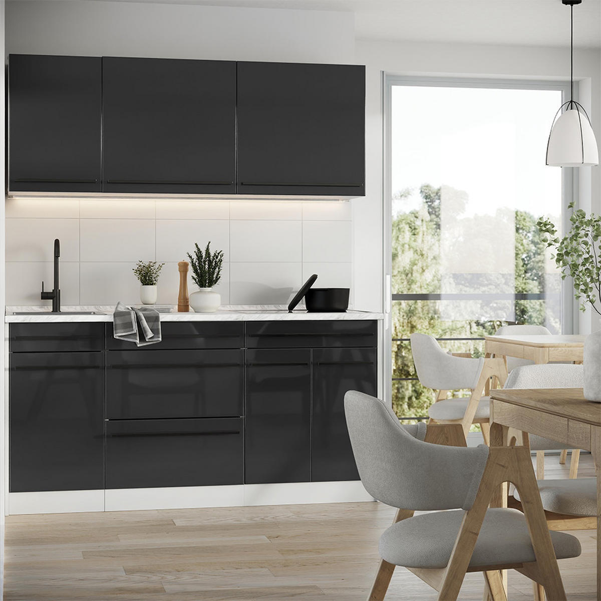 SINGLEKÜCHE R-Line, Anthrazit Hochglanz/Weiß, 160 cm Arbeitsplatte Anthrazit - Schwarz Hochglanz/Weiß, Holzwerkstoff (160/81.6/60cm) - Vicco