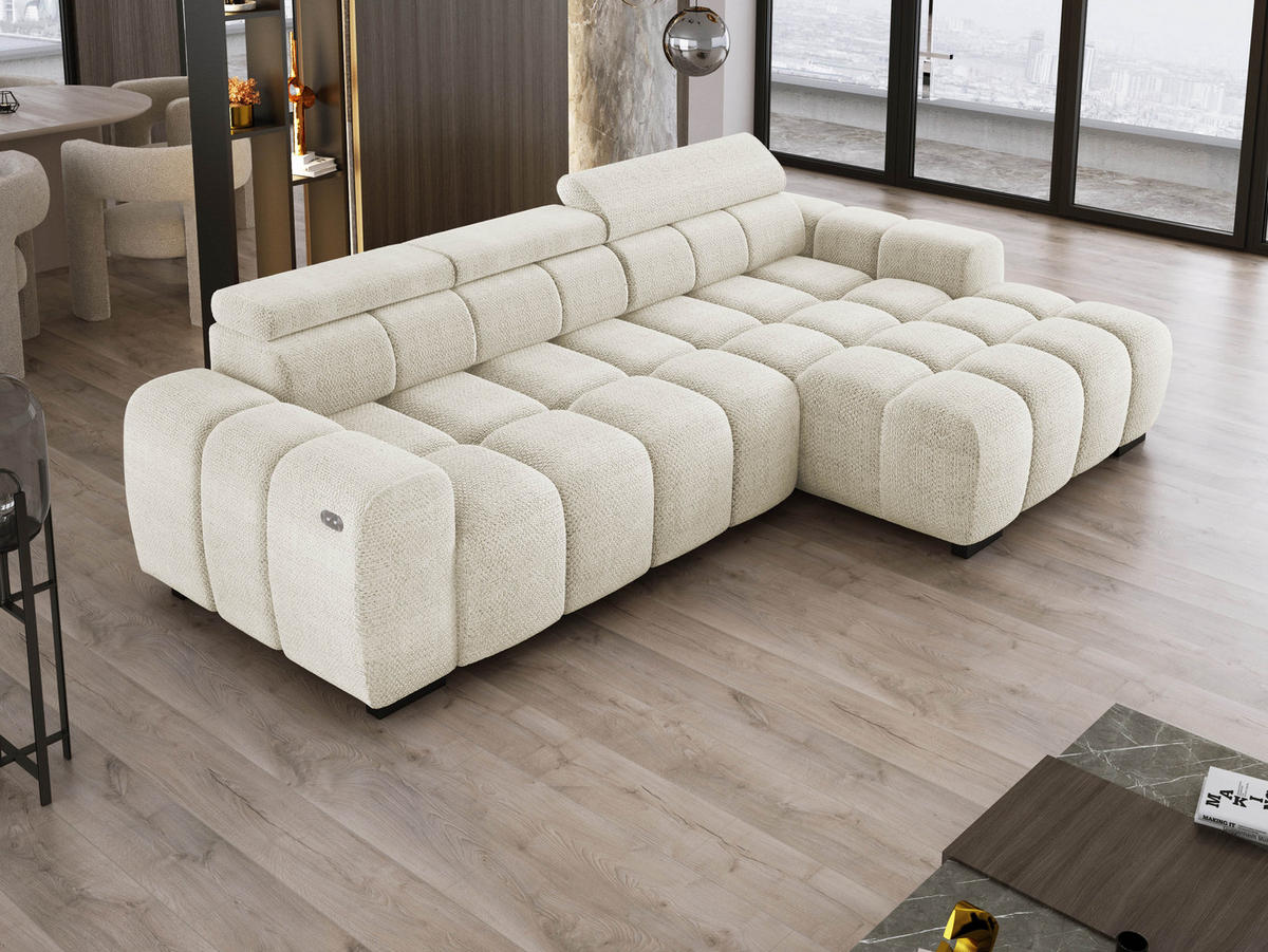 ECKSOFA OMBO 285x168x77/97 cm, Rechts, Schlaffunktion, elektr. Sitz, Kopfstützen, hydrophober EDEN-Stoff – Weiß - Weiß, Holz/Textil (285/168cm) - DomoHome
