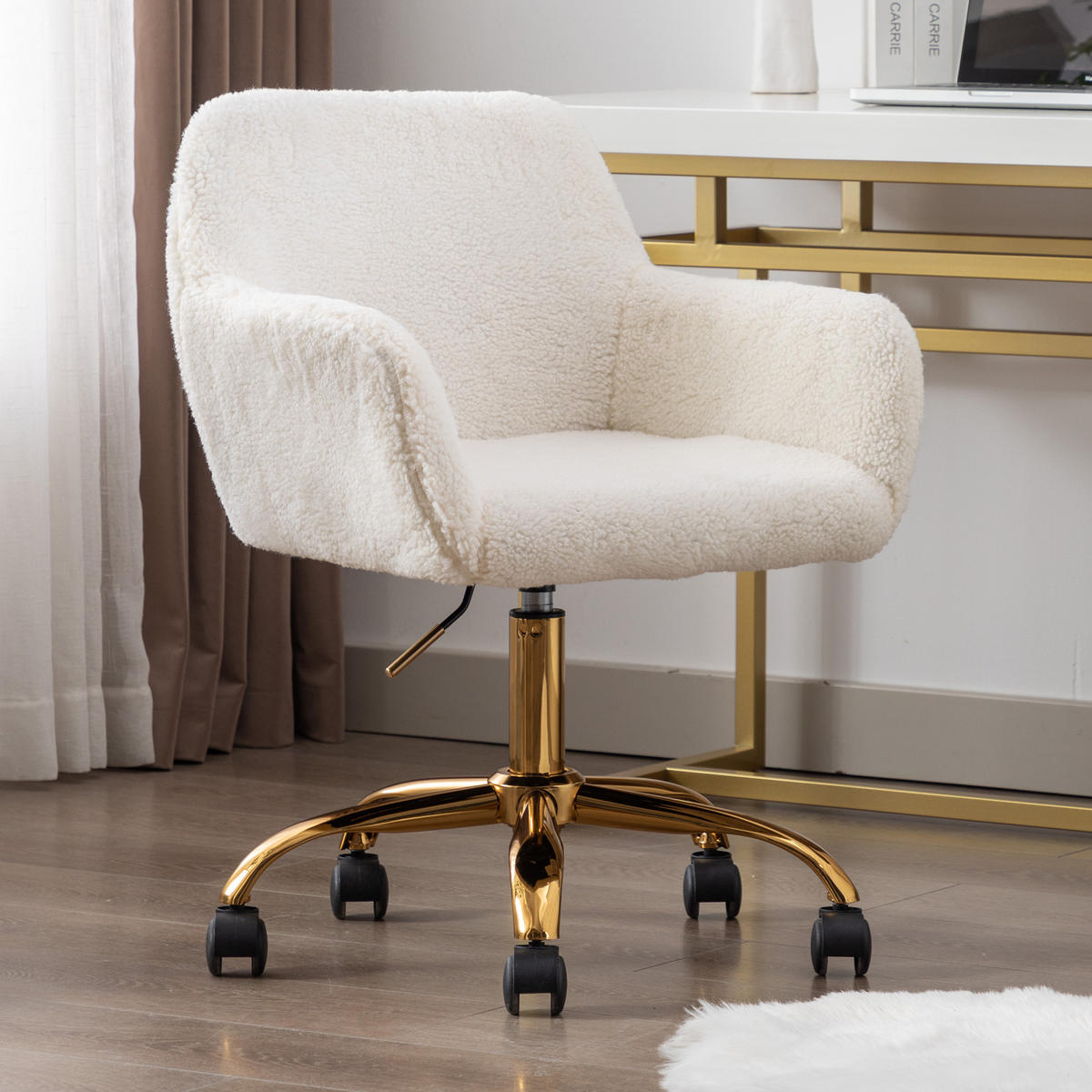 DREHSTUHL DE-41052 mit Kunstpelz-Bezug und goldenen Beinen Weiß - Weiß, Metall (53/55/53cm) - ComfortXL