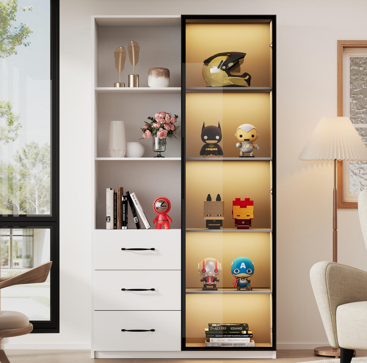 HIGHBOARD 80/40/160 cm in Weiß mit LED-Beleuchtung und 3 Schubladen - Weiß, Holzwerkstoff (80/160/40cm) - Flora Grace
