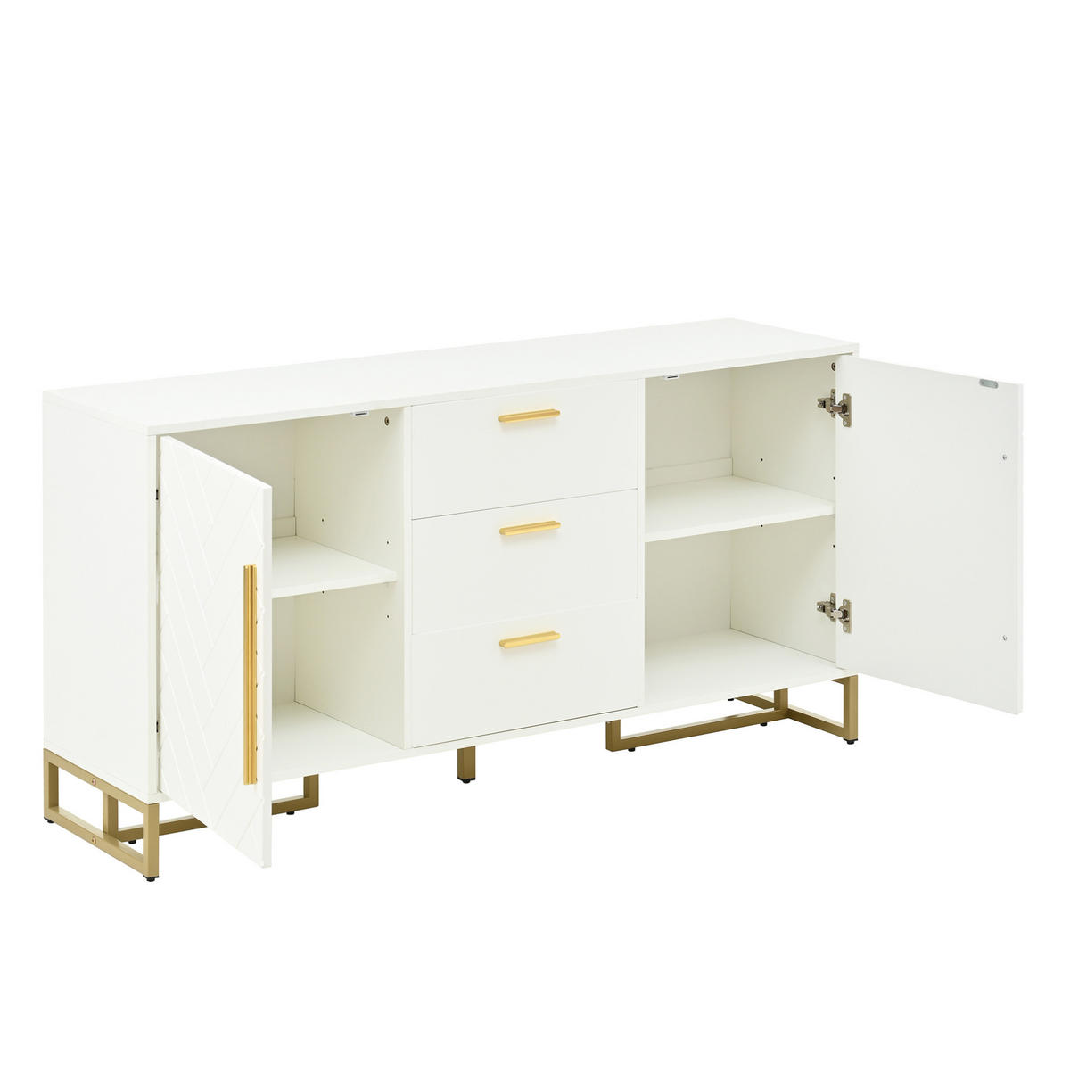 SIDEBOARD 145/40/75 cm weiß aus MDF-Holzwerkstoff mit Fischgrätenmuster und 3 Schubladen - Weiß, Holzwerkstoff (145/75/40cm) - OKWISH