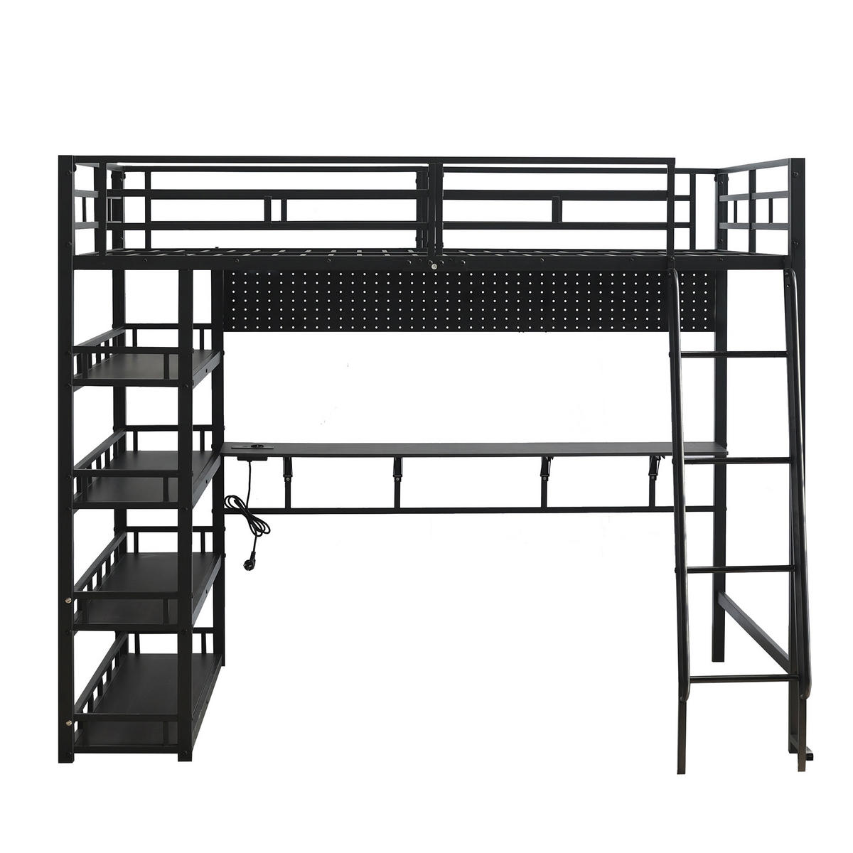 HOCHBETT 140/200 cm DE-02352, in Schwarz, mit Ablagen, Ladeanschluss und Schrägleiter - Schwarz, Metall (140/200cm) - ComfortXL