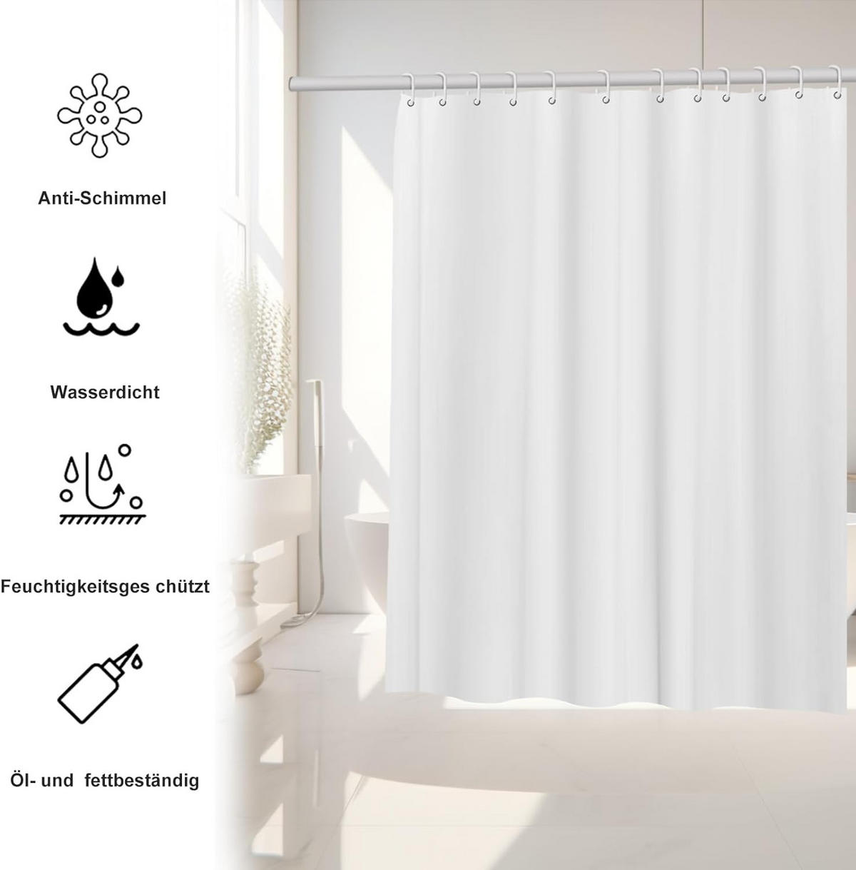 DUSCHVORHANG Weiß transparent schimmelresistent waschbar mit Ringen - Weiß, Kunststoff (180/180cm) - MCBOSON