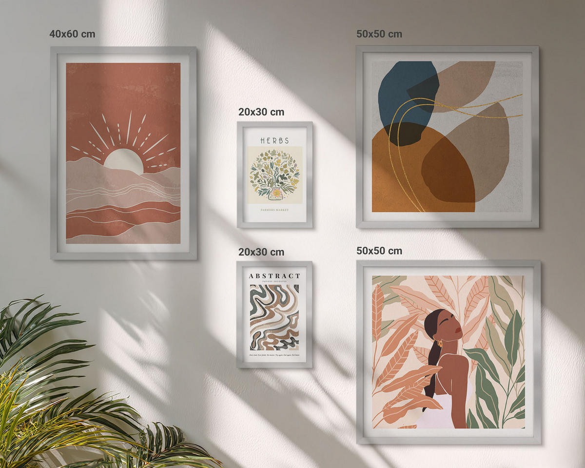 WANDBILDER 5er Set - 50x50 cm & 20x30 cm & 40x60 cm Silberner Rahmen - Boho-Ästhetik, Pastellposter - Silberfarben, Kunststoff (40/60cm) - ArtPrintCave