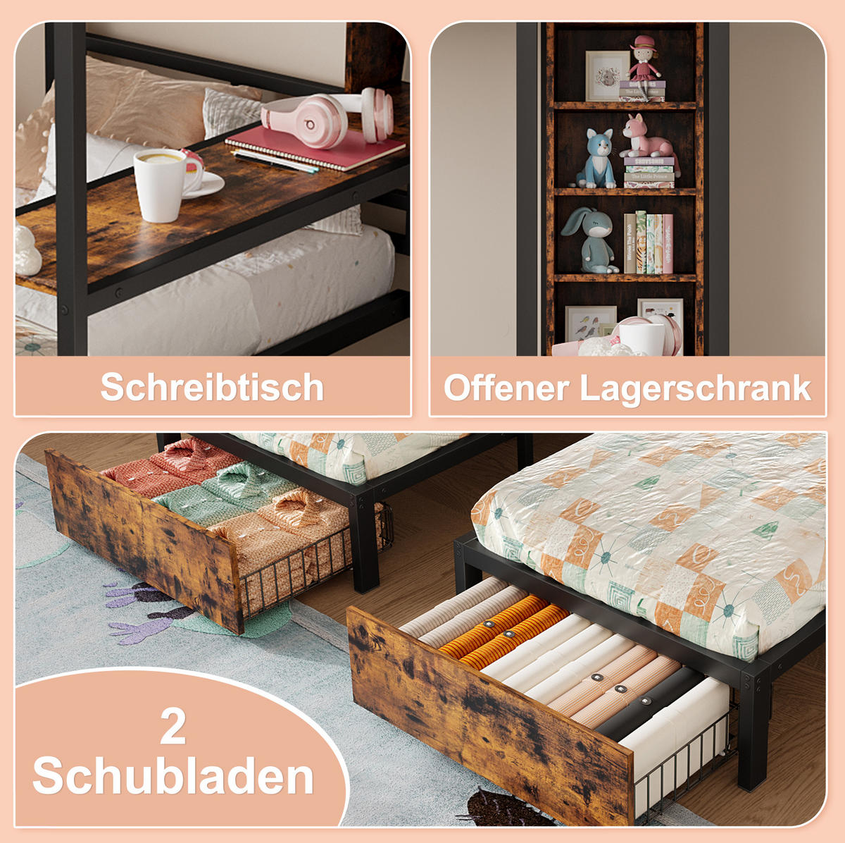ETAGENBETT 140/200 + 90/200 cm in Schwarz mit 3 Schlafplätzen und Stauraum - Schwarz, Holzwerkstoff (140/200cm) - OKMYHOME