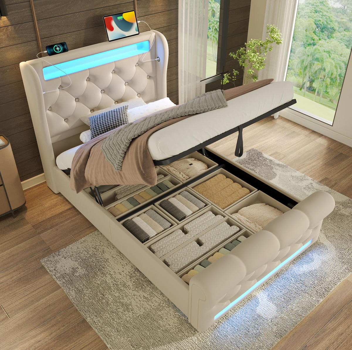 POLSTERBETT aus Samt 90x200 cm Beige mit LED, USB-C, Stauraum und Matratze - Beige, Textil (90/200cm) - IVMEU