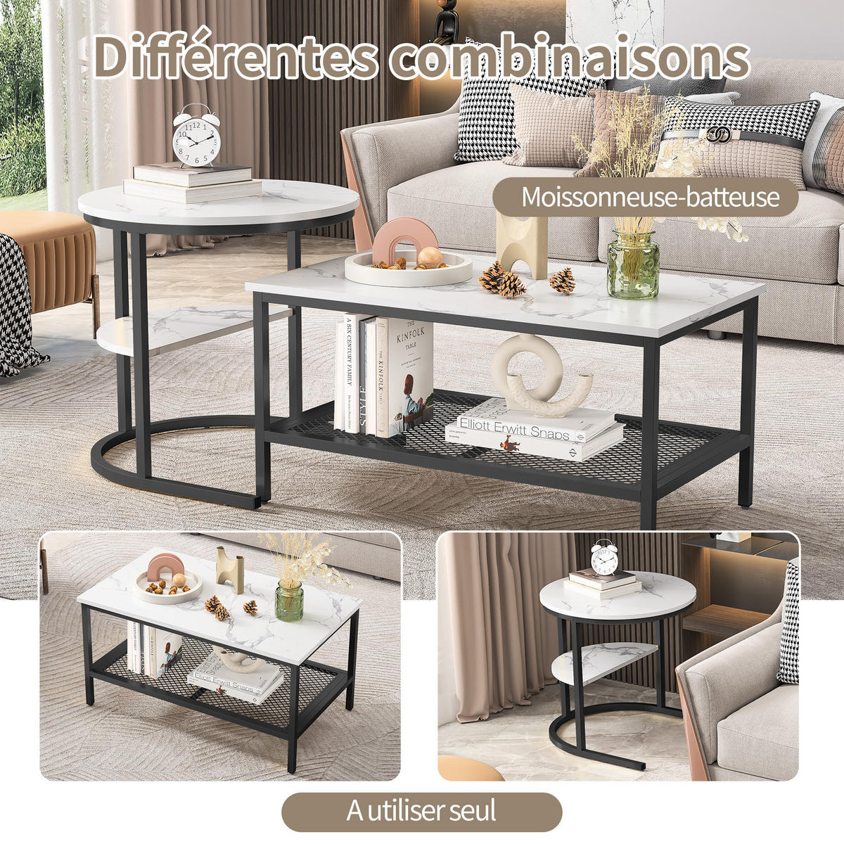COUCHTISCH 2er Set rund schiebbar Beistelltisch Metall schwarz - Schwarz, Holz (46/80/41cm) - LEBENLANG