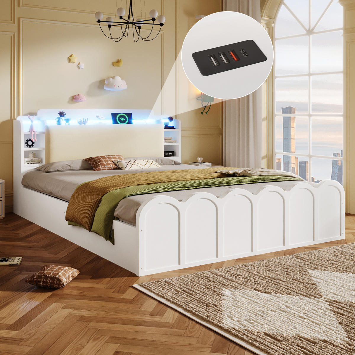 POLSTERBETT 140/200 cm in Weiß mit Bettkasten, LED, USB und Type-C - Weiß, Holzwerkstoff/Textil (140/200cm) - STILVORA