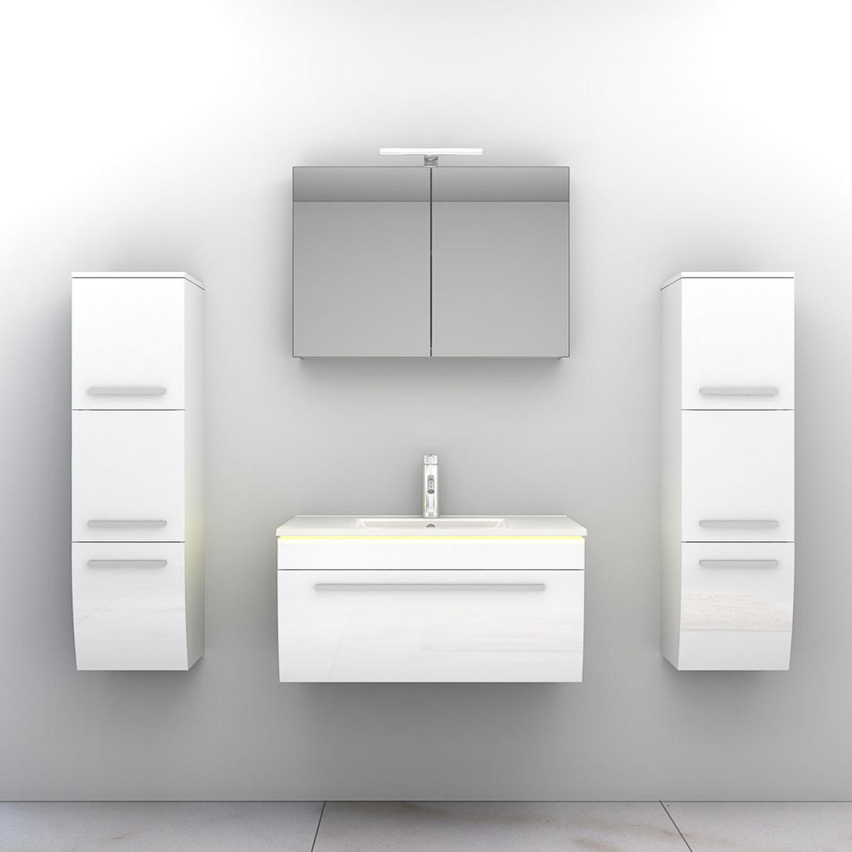 BADMÖBEL Set Gently 3 V3 Weiß Badezimmermöbel Badspiegel Waschtisch 80 cm ohne LED-Beleuchtung - Weiß, Glas/Kunststoff (46/40/80cm) - AcquaVapore by Sandra Jentho