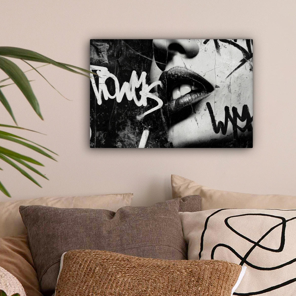 LEINWANDBILD Gesicht - Mund - Graffiti - Schwarz Deko Schlafzimmer 30x20 cm - Schwarz, Textil (30/20cm) - MuchoWow