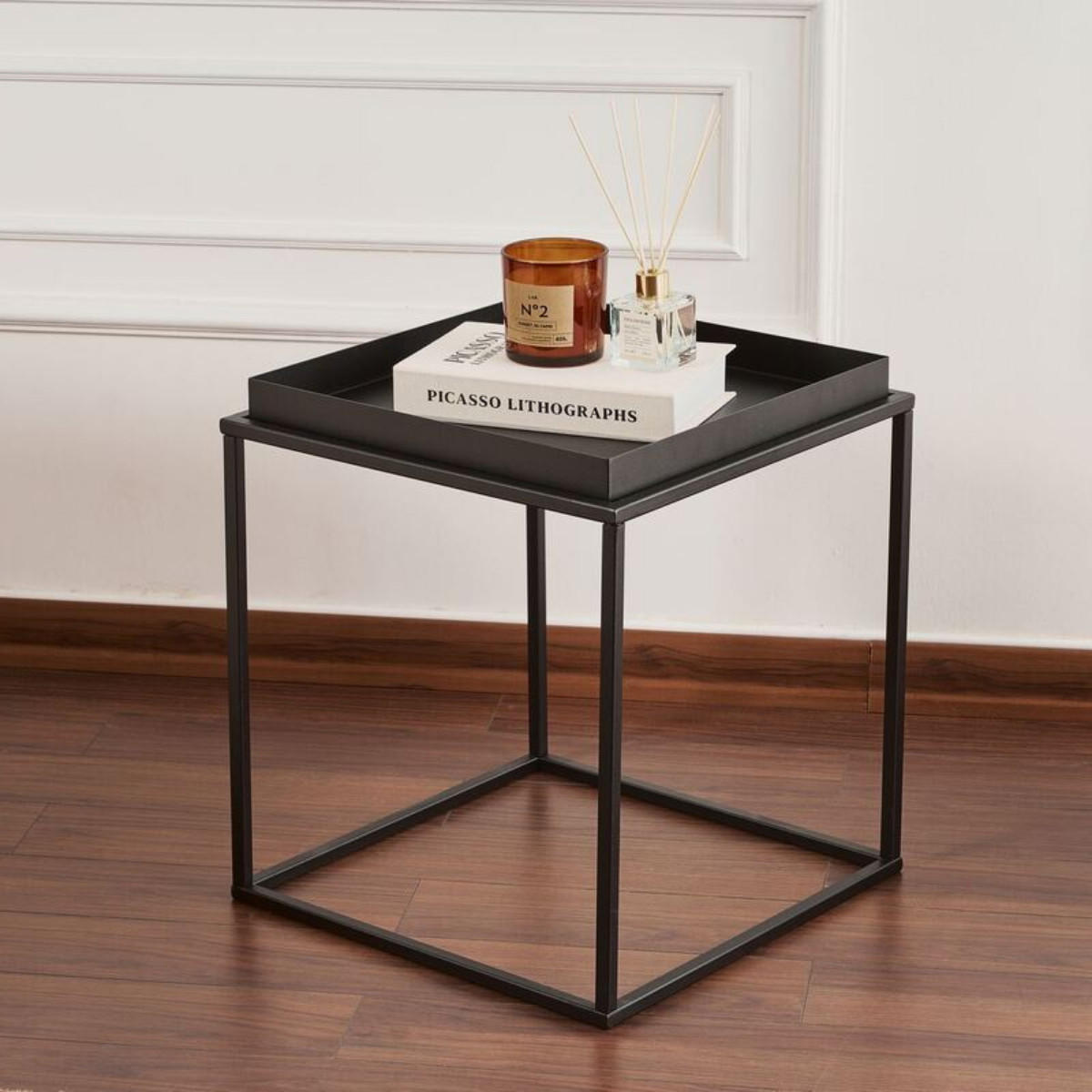QUADRATISCHER beistelltisch mit platte mit rand 52/45/45 cm - Schwarz, Metall (46/52/45cm) - Calicosy
