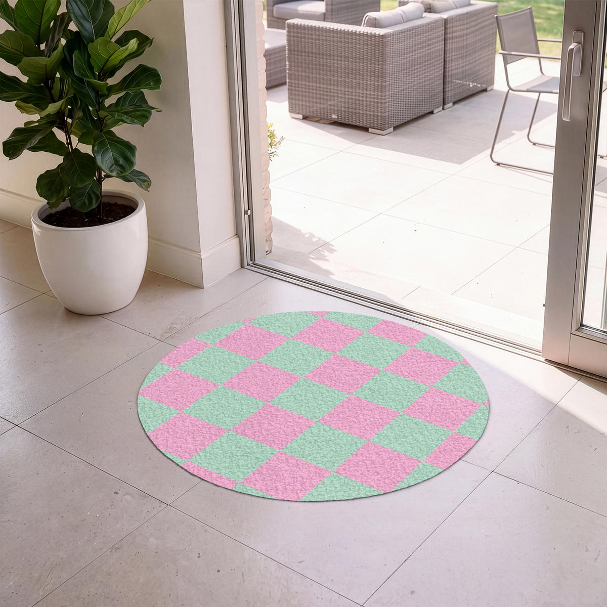 ROHOŽKA Šachovnicový vzor - zelená - růžová - kostky 90x90 cm - mátově zelená, textil/umělá hmota (90/0.4cm) - MuchoWow
