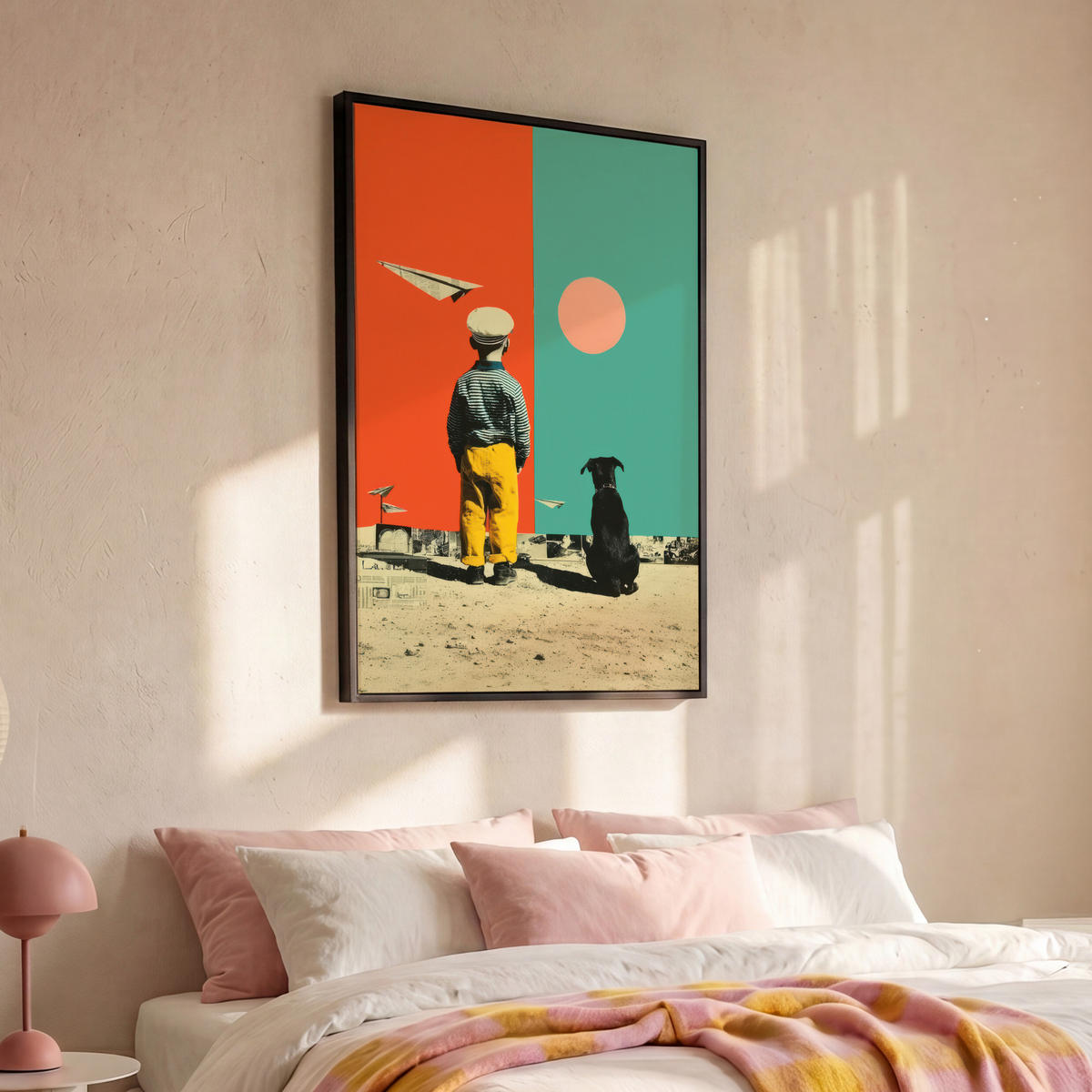 LEINWAND Bilder mit Rahmen - Retro - Junge - Hund - Rot - Grün - 90x140 - Orange, Textil (90/140cm) - MuchoWow