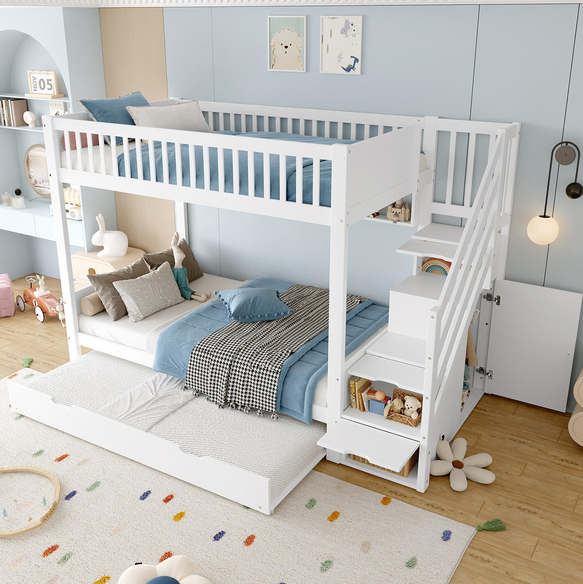 ETAGENBETT 90/200 cm Weiß mit Ausziehbett und Kleiderschrank - Weiß, Holz (90/200cm) - Flora Grace