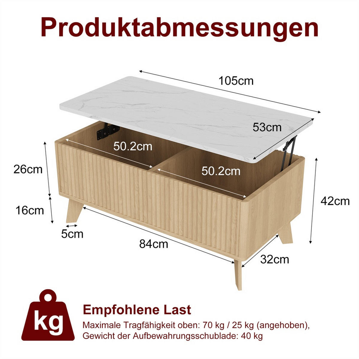 COUCHTISCH in weißer Marmoroptik - Rechteckiger Couchtisch mit Lift-Funktion Stauraum und Holzbeinen - Eichefarben, Holzwerkstoff (53/105/42cm) - DELFA