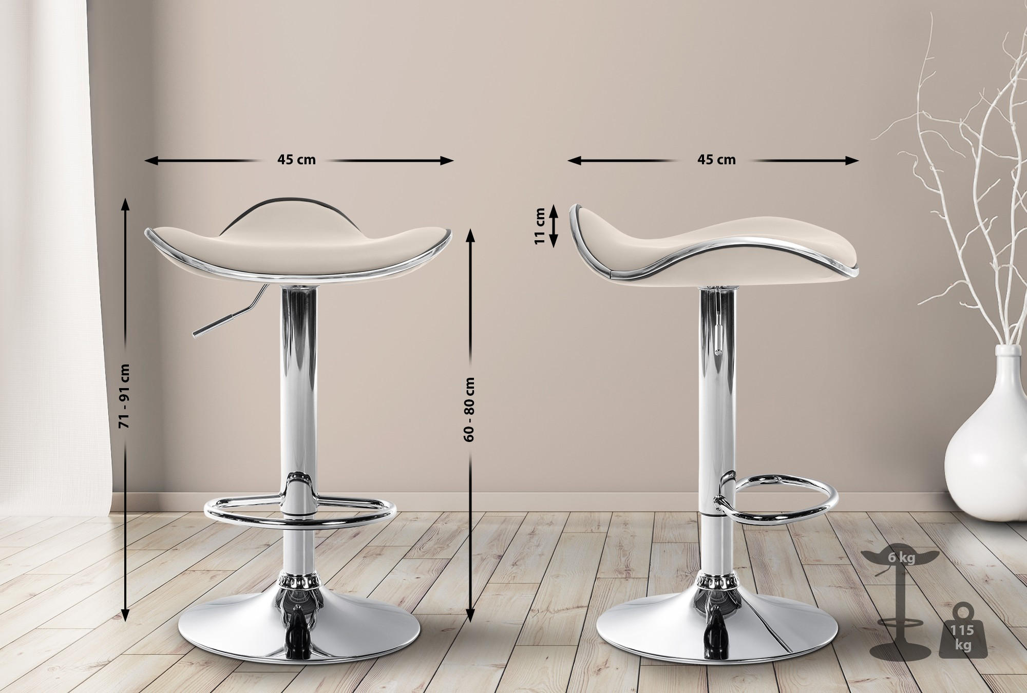 BARHOCKER Lederlook Creme - Chromfarben/Creme, Textil/Metall (45/71/45cm) - CLP