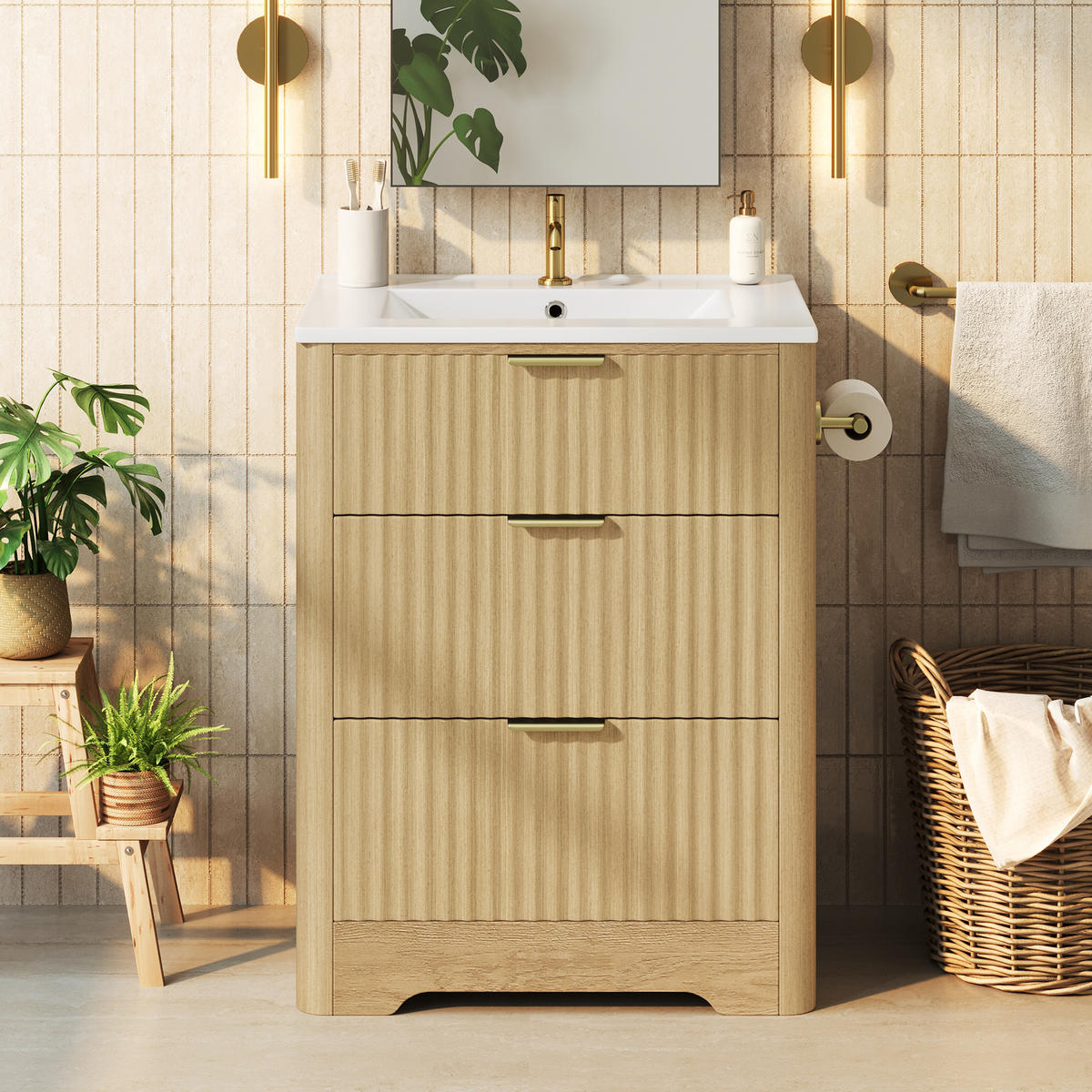 BADEZIMMERSCHRANK Holzoptik Keramik Waschbecken Schubladen 61cm - Naturfarben, Keramik (61/82/47cm) - FLIEKS