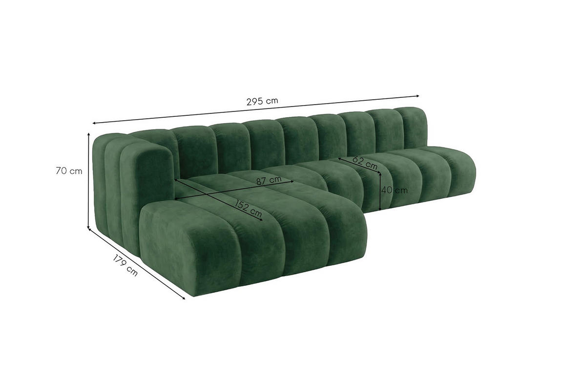 ECKSOFA Modulares In L-Form, Velvet-Stoff Riviera, Grün, Links, GRAND 295 cm - Grün, Holz (295/179cm) - Kaiser Möbel