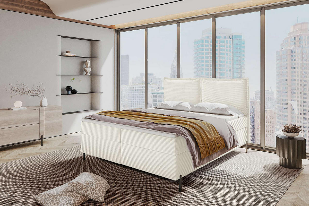 BOXSPRINGBETT VERO Cordstoff Creme 140/200 cm - Creme/Schwarz, Holzwerkstoff/Textil (140/200cm) - 99rooms