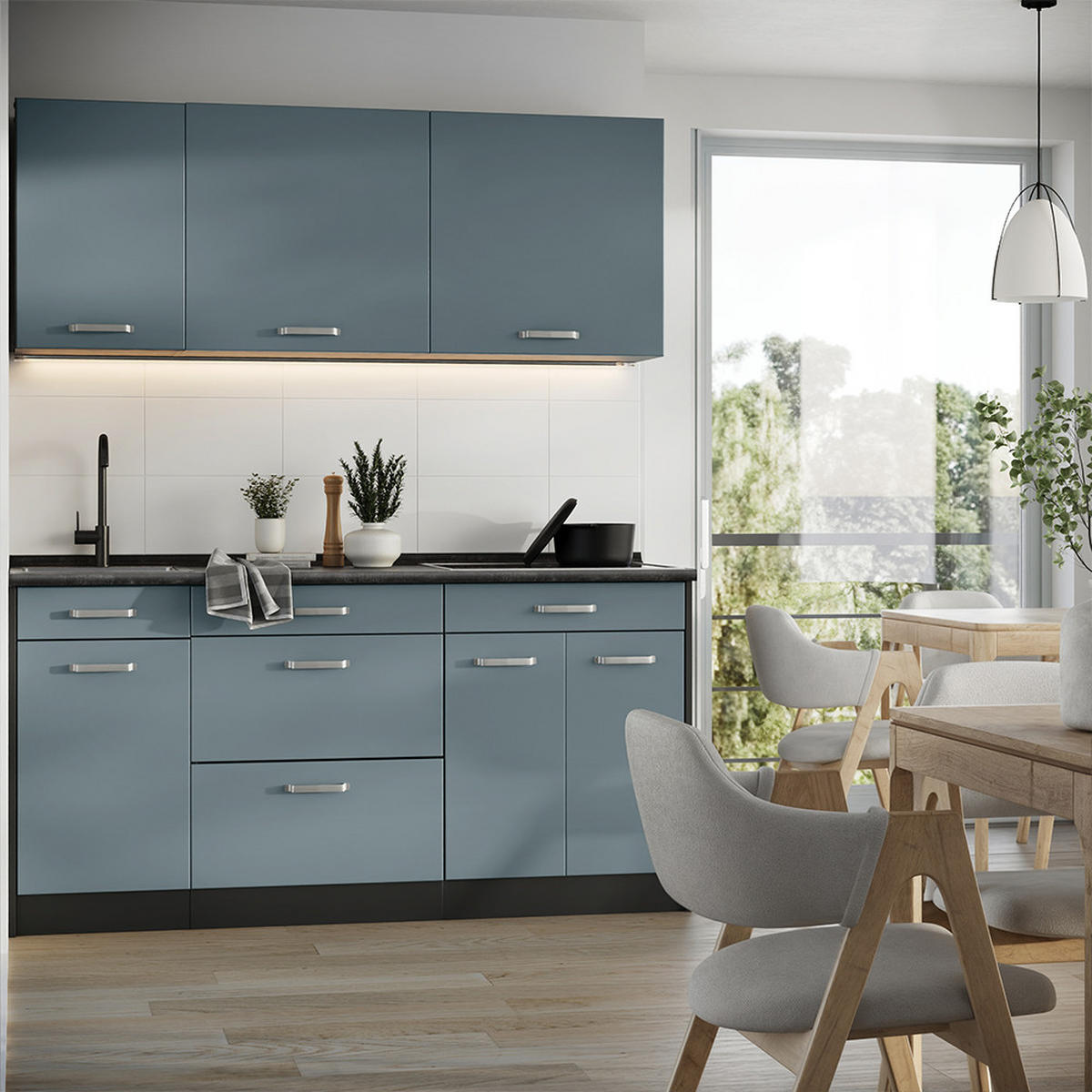 SINGLEKÜCHE R-Line, Blau-Grau/Anthrazit, 160 cm ohne Arbeitsplatte - Anthrazit/Blaugrau, Holzwerkstoff (160/81.6/46cm) - Vicco