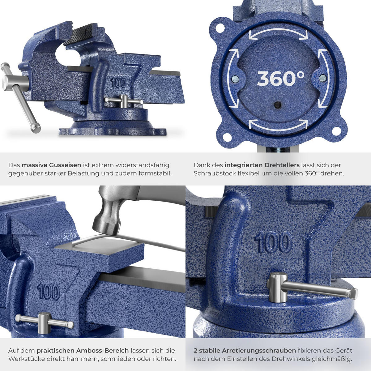 SCHRAUBSTOCK , 3 Anschraublöcher, blau - Blau, Metall (27/10/15cm) - tectake
