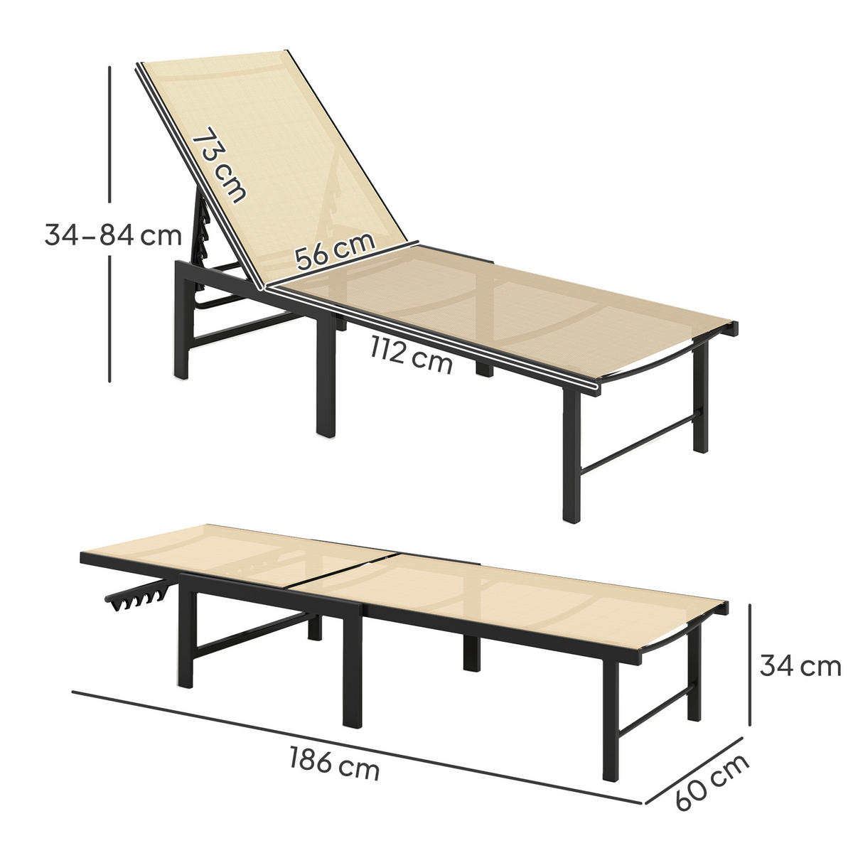 GARTENLIEGESTUHL, vierfach verstellbares Stahlgestell, klappbar, khakifarben - Cappuccino, Metall (60/84/166cm) - Vallsero