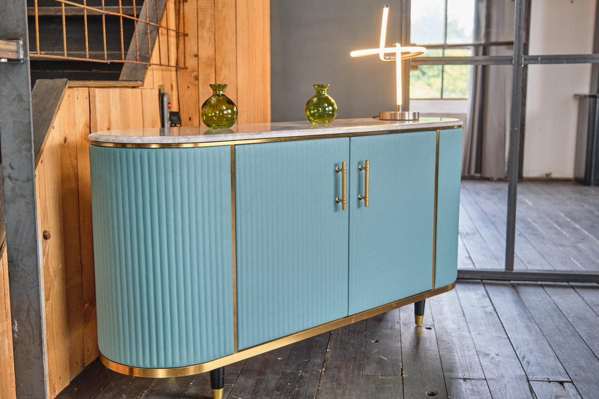 SIDEBOARD MARIA Hellblau Kunstleder - Schwarz/Hellblau, Stein/Metall (150/76/40cm) - KAWOLA
